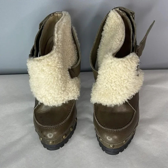 TOPSHOP Unique Sherling Cuff Leather Booties Olive Green Platform Boho Size 8.5 - Picture 6 of 15